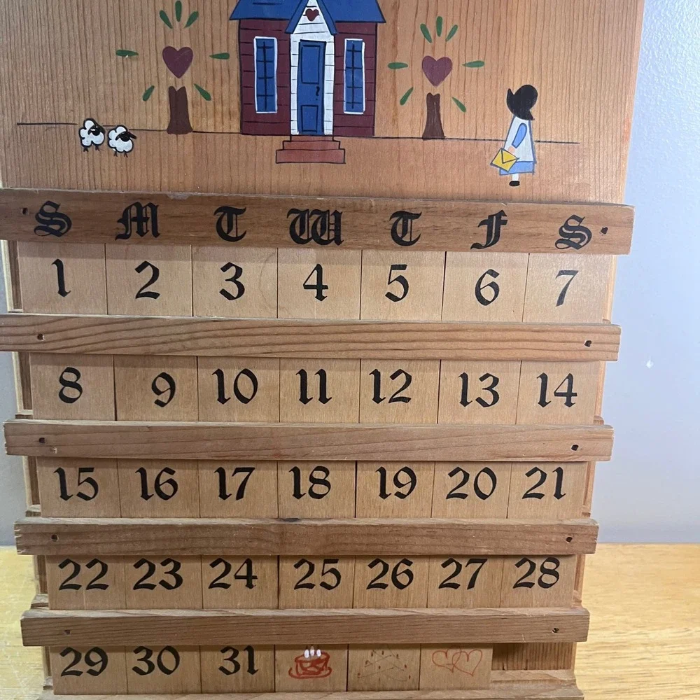 Vtg Hand Painted Wooden Perpetual Calendar Schoolhouse Folk Art Wall Hanging